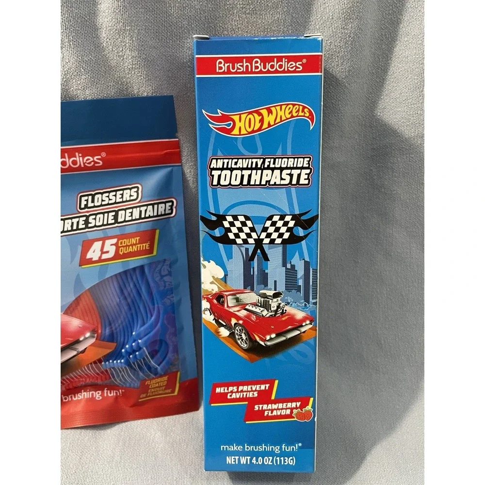 NEW Kid's Hot‎ Wheels Brush Buddies Toothbrush Cup Flossers Tooth Paste & Cap